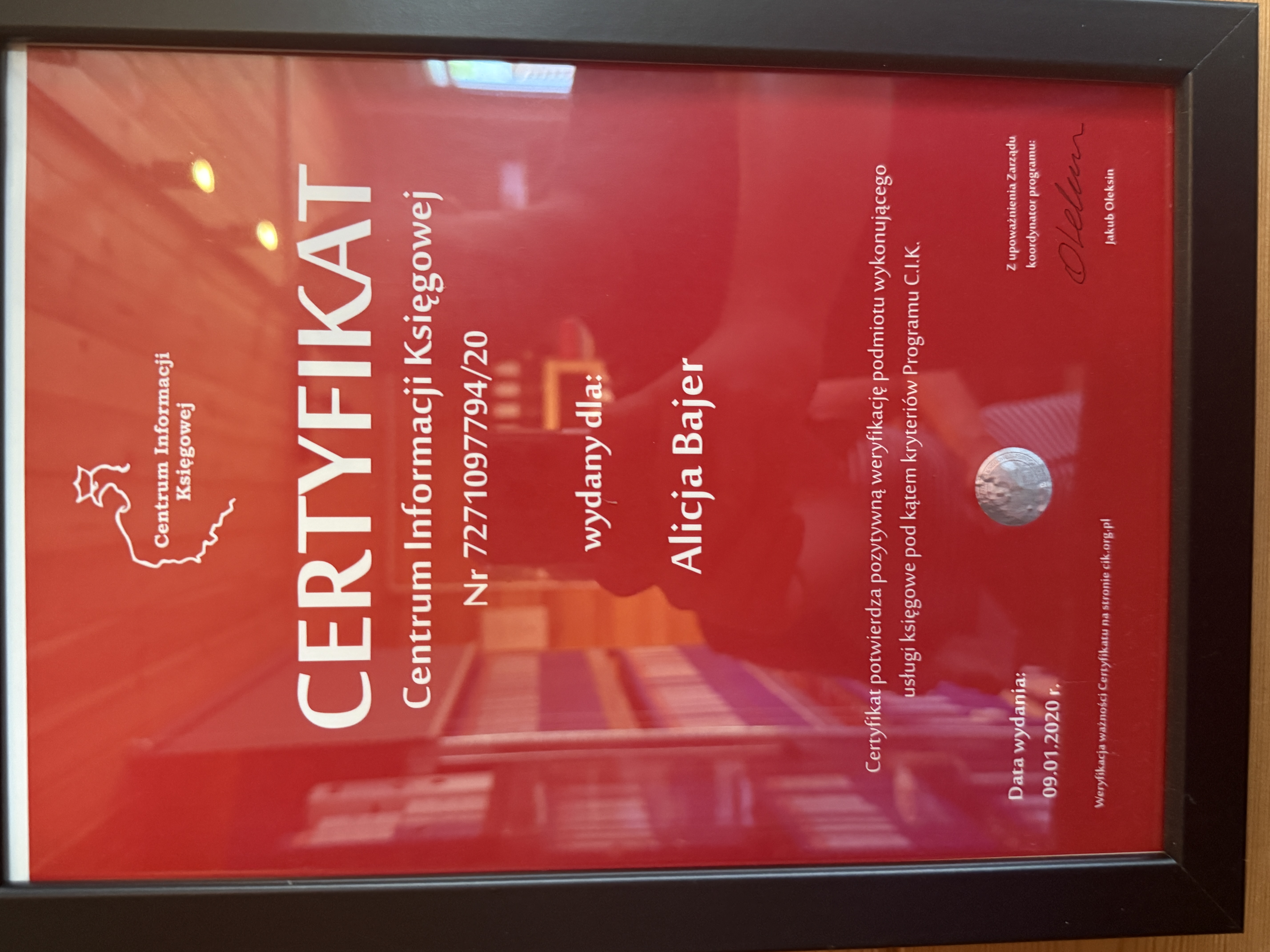 Certyfikat Centrum Informacji Księgowej wydany dla Alicji Bajer, nr 7271097794/20, data wydania 09.01.2020